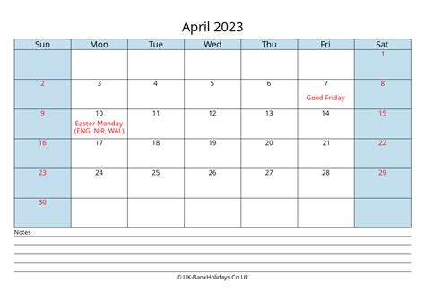 Download April 2023 Monthly Uk Calendar Printable