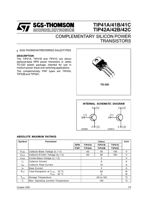 Tip41npn Tip42pnp Complimentary Transistor Datasheet Electronic
