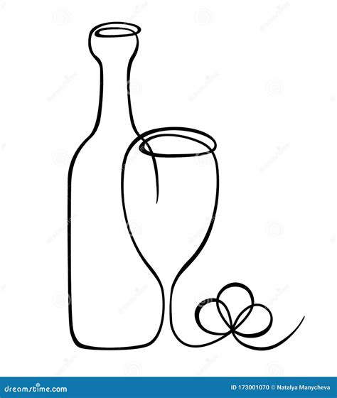 Vector Continuous Line Illustration With Wine Bottle Wineglass And