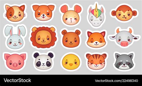 Animals Face Stickers Cute Animal Faces Kawaii Vector Image