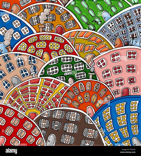 Set Of Doodle Cute Houses Cozy Cartoon Hand Drawn Buildings In Bright