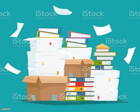 Pile Of Paper Documents And File Folders In Carton Boxes Stock