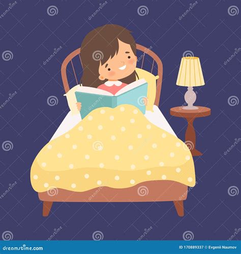 Cute Girl Reading A Bedtime Story In The Bed At Night Vector