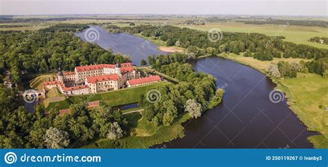 Aerial View Of Nesvizh Castle And River Belarus Medieval Castle And