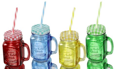 Mason Jar Colour Glasses Set Of 4 Handle Lid Straw Vintage Drinking Novelty T Canecas