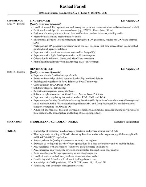 Quality Assurance Specialist Resume Samples | Velvet Jobs
