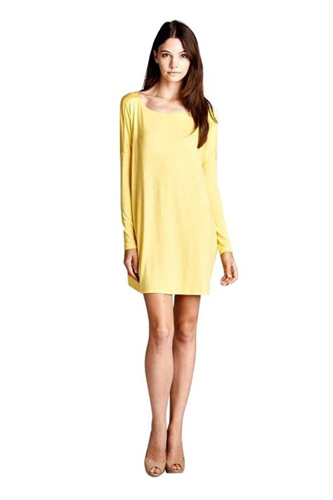 Normcoer Womens Basic Loose Fit Piko Dress Long Sleeve Round Neck Crshd3738 Yellow Sm Piko