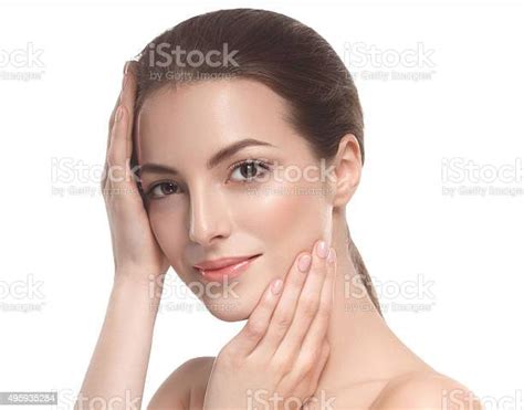 Beautiful Woman Portrait Face Close Up Studio On White Stock Photo