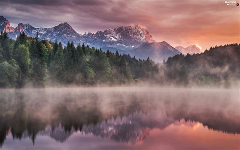 Mountains Fog Forest Lake Beautiful Views Wallpapers 2200x1375