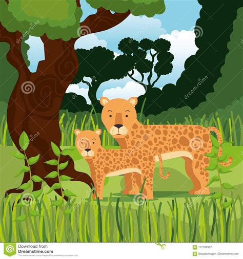 Wild Animals In The Jungle Scene Stock Vector - Illustration of animal, cute: 117188367