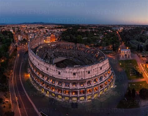 Aerial View Of The Roman Colosseum During The Night Rome Italy Stock