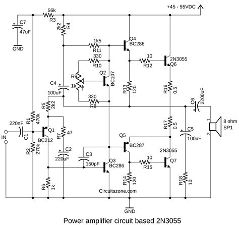 Here used pnp and npn transistor 2n3055 and mj2955. power-amplifier-circuit-based-2n3055 » CircuitsZone.com