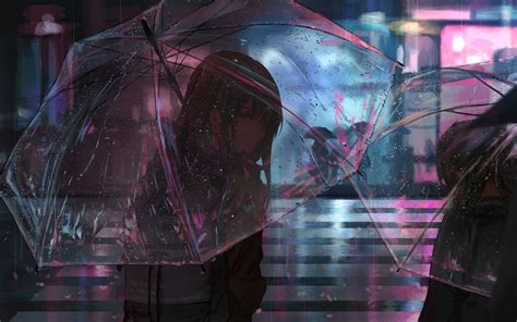 Download Wallpaper 3840x2400 Girl Umbrella Anime Rain Street Night