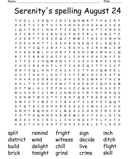 Serenitys Spelling August 24 Word Search Wordmint