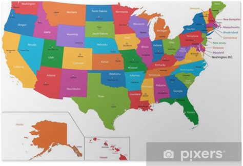 Poster Colorful Usa Map With States And Capital Cities Pixersus