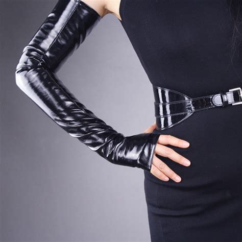 Buy Patent Leather Long Fingerless Leather Gloves 60cm Long Simulation Leather