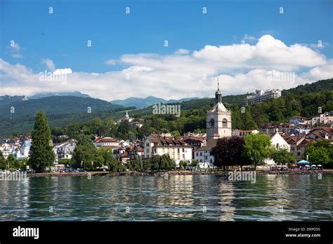 The Town And Church Of Evian Les Bains By Lake Geneva Lac Leman Stock