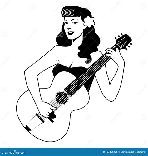 Beautiful Pin Up Girl Playing Guitar Isolated On White Background