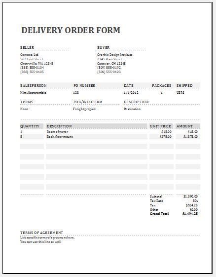 Delivery Order Templates 11 Free Printable Word Excel And Pdf Formats
