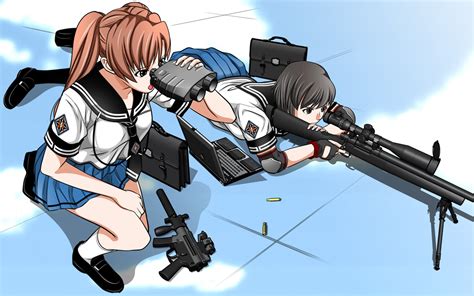 two female anime characters holding guns hd wallpaper wallpaper flare