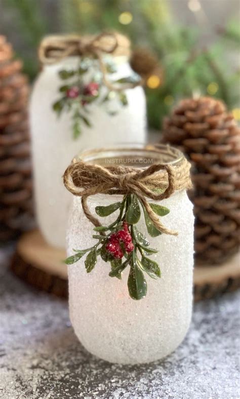 Diy Christmas Craft Snowy Mason Jar Tea Light Holders Mason Jar