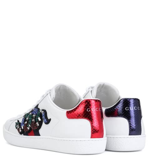 Gucci New Ace Crystal Embroidered Snake Leather Low Top Sneakers White
