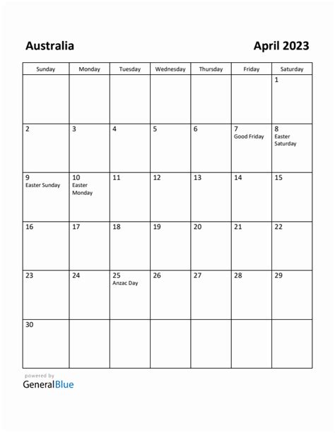 Free Printable April 2023 Calendar For Australia