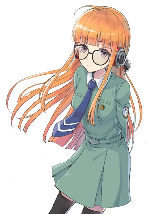 Safebooru 1girl Arms Behind Back Fujishiro Kei Glasses Headphones Long Hair Necktie Orange