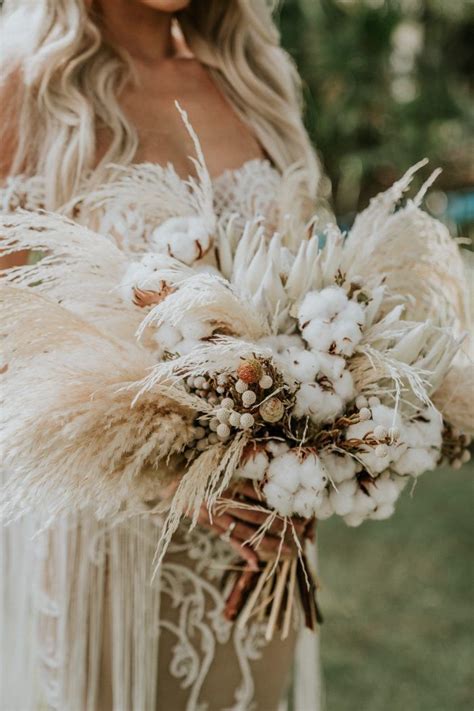 Earthy Textured Bohemian Inspired Bridal Bouquet Featuring Cotton And