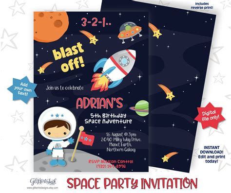 Outer Space Party Printable Invitation Boy Astronaut Party Etsy