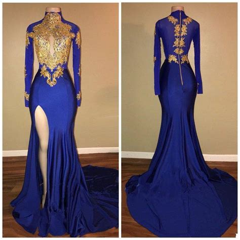 High Neck Royal Blue Prom Dresses With Slit Long Sleeves Slim Fit Prom
