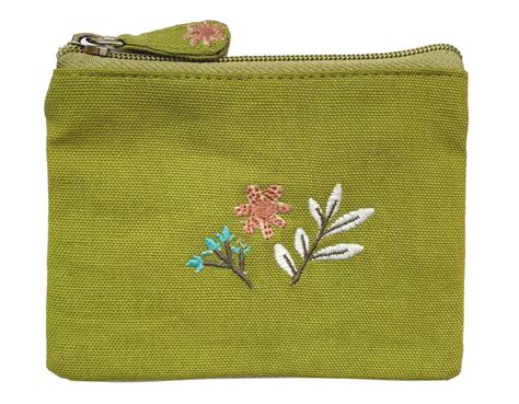 Floral Coin Purse Ladies Lime Green Cotton Small Pouch Embroidered