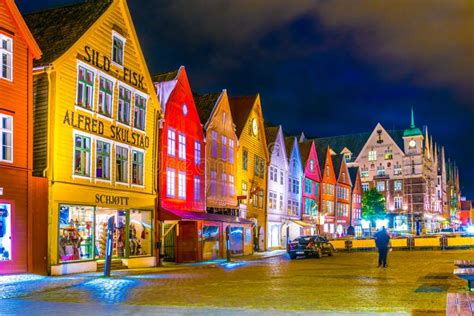 Bergen Norway August 22 2016 Night View Of A Historical Wooden