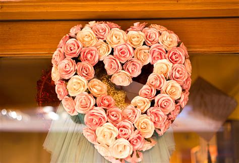 Pink Rose Heart Wreath On Door With Glass Window Stock Photo Download