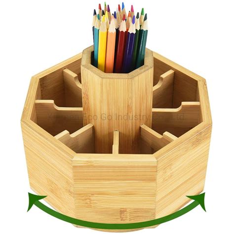 Bamboo Rotating Office And Art Supply Desk Organizer 360 Degree Rotating