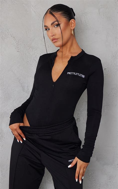 Plt Black Embroidered Rib Zip Long Sleeve Bodysuit Prettylittlething