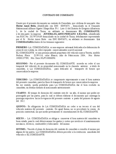 Modelo Contrato De Comodato Vehiculo Pdf Negocios General