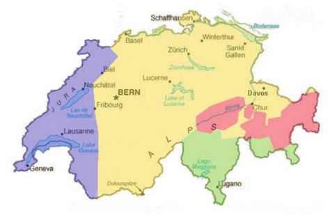 L'allemand est parlé par 63 % des habitants, le français par 23. Langues Carte du Suisse