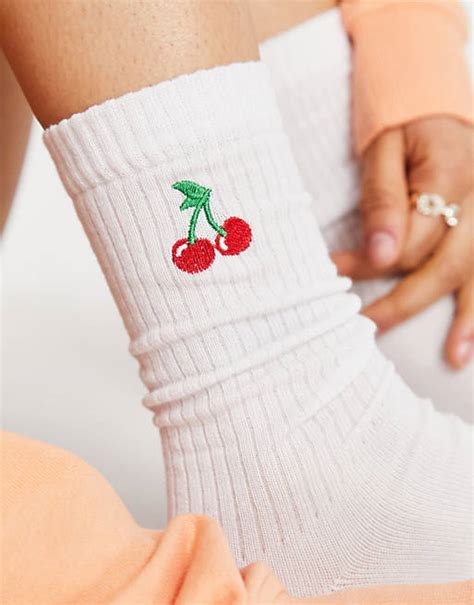 Asos Design Calf Length Rib Socks With Cherry Embroidery In White Asos