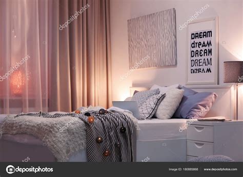 Modern Room Interior Comfortable Bed — Stock Photo © Belchonock 180885868