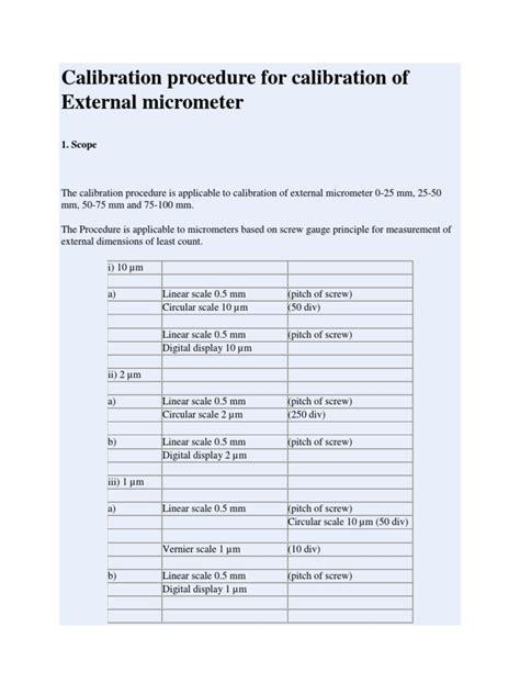 Calibration Procedure For Calibration Of External Micrometer