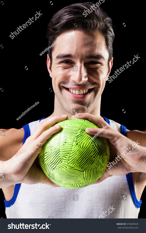 Portrait Happy Athlete Man Holding Ball Stock Photo 570690529