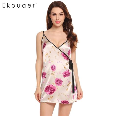 Ekouaer Women Sexy Nightgown Summer V Neck Spaghetti Strap Tie Up Patchwork Satin Sleepwear
