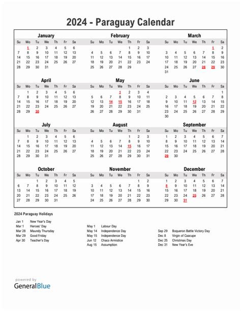 2024 Paraguay Calendar With Holidays