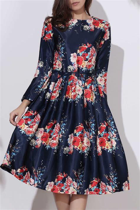 Deep Blue M Vintage Floral Pleated Long Sleeve Midi Dress