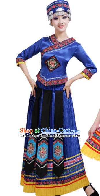 Chinese Yi Ethnic Minority Royalblue Embroidered Dress Traditional Zhuang Nationality Folk Dance