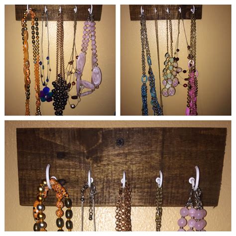 Homemade Necklace Holder Pallet Wood Stained Hooks And A Screw