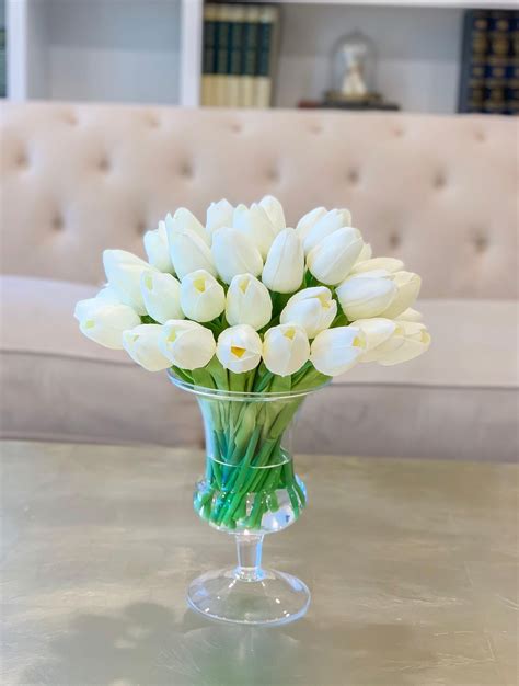 Real Touch White Tulips Centerpiece For Dining Table In Tall Vase Fau