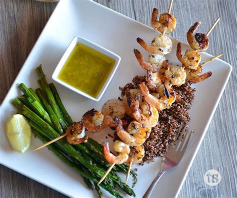 Mix ⅓ c cooked brown rice and 2 tbsp crumbled feta cheese. Tarragon Grilled Shrimp | Recipe | Healthy snacks for diabetics, Healthy snacks, Healthy recipes