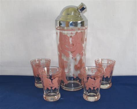 Hazel Atlas Pink Elephant Cocktail Mixer And Shot Glasses Etsy